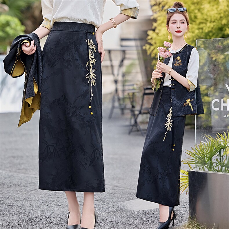 芷墨春夏新款复古设计感新中式半身裙显高显瘦通勤百搭半身裙女，女装半身裙，芷墨服饰