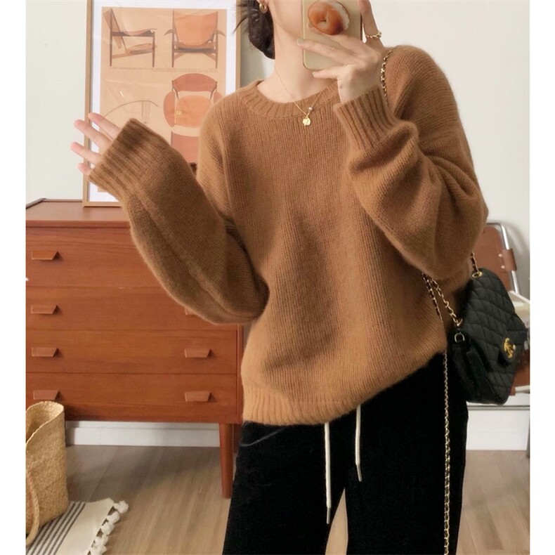 秋冬新款衫女圆领百搭落肩毛衣套头韩版羊毛打底衫简约针织,女装羊毛衫,悦玛羊绒