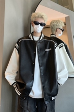港风美式复古拼接罗纹pu棒球服情侣皮衣夹克外套男女G1094P108，男装夹克，电商A339