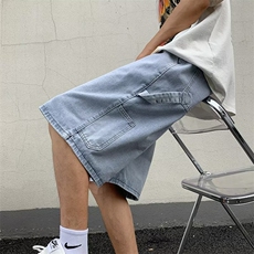 牛仔短裤男款夏季薄款宽松工装五分裤美式潮牌高街直筒松紧腰中裤，男装牛仔裤，星座1013