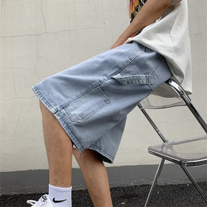牛仔短裤男款夏季薄款宽松工装五分裤美式潮牌高街直筒松紧腰中裤图片