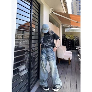 DG54-P55美式复古闪电纹牛仔裤男女宽松直筒潮牌裤子潮-网图现货图片