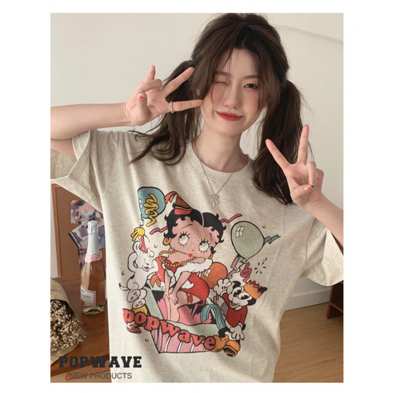 T0685-P25美式复古卡通贝蒂女郎纯棉短袖T恤，女装T恤，星座617A-2