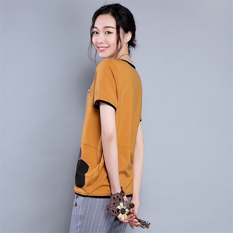 创意2021年夏季短袖宽松时尚简约百搭潮流几何图案拼接圆领T恤,女装T恤,丽影随形