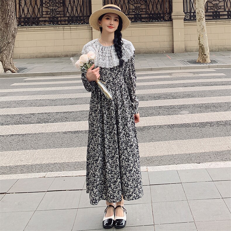 法式复古蕾丝领边花裙女2025春季新款收腰显瘦气质女神范长连衣裙,女装连衣裙,浙宝276（原081）