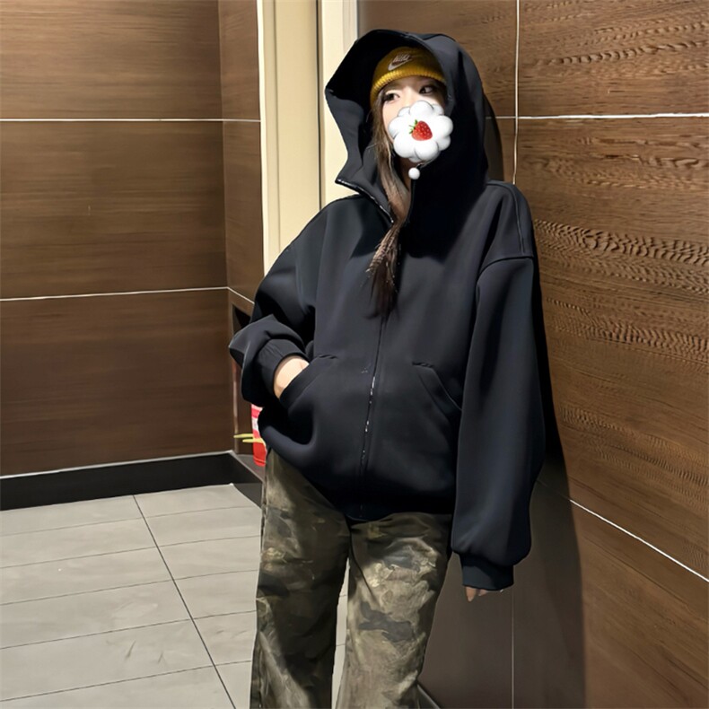 抖音得物高品质26春装美式高街重磅宽松结构高领连帽卫衣外套W60,女装短外套,电商A486