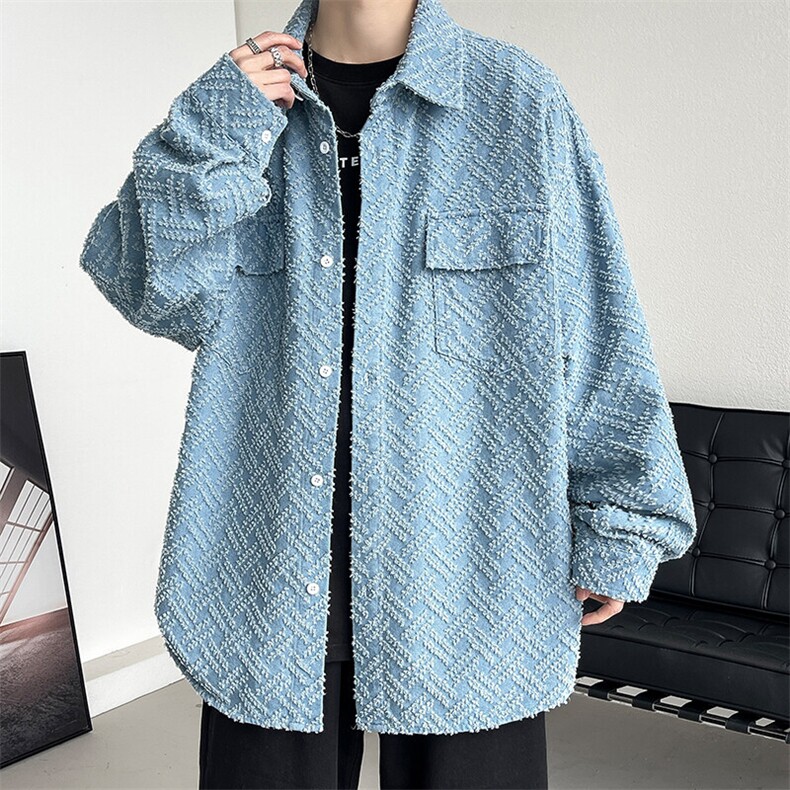 2025春韩版简约翻领外套男潮牌美式休闲大码牛仔毛边夹克J528-P70，男装夹克，电商A001-1