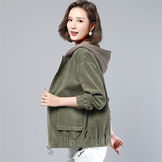 灯芯绒短款百搭连帽宽松外套女2025春秋新款韩版大码女装夹克上衣，女装短外套，丽影随形