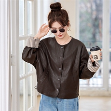 大量现货-2026年春季新款撞色时尚百搭高级感蛋白皮外套，女装皮衣，蓝诺裳