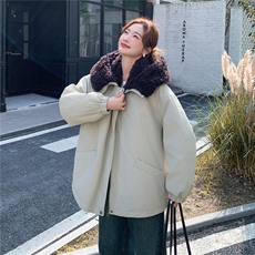 羊羔毛大翻领连帽工装派克服女中长款2025冬季90白鸭绒加厚羽绒服，女装羽绒服，2C159