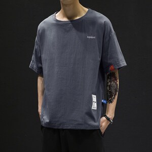 T215黑墙风男士休闲圆领棉麻短袖半截袖宽松T恤风民族风TEE潮，男装T恤，星座115A(原星座507）