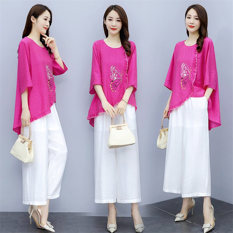 2021夏季新款简约气质圆领时尚图案刺绣宽松休闲舒适棉麻两件套，女装套装/套裙，众宇琦