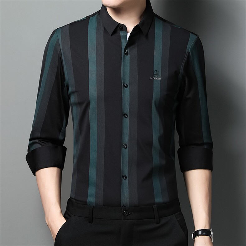长袖衬衫男秋季2023新款条纹免烫衬衣中年薄款商务休闲上衣服图片