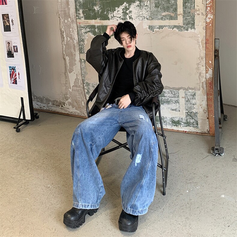 美式解构破洞牛仔裤男女高街复古设计感潮牌直筒阔腿裤YD9007-P75,男装牛仔裤,星座509