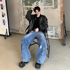 美式解构破洞牛仔裤男女高街复古设计感潮牌直筒阔腿裤YD9007-P75，男装牛仔裤，星座509