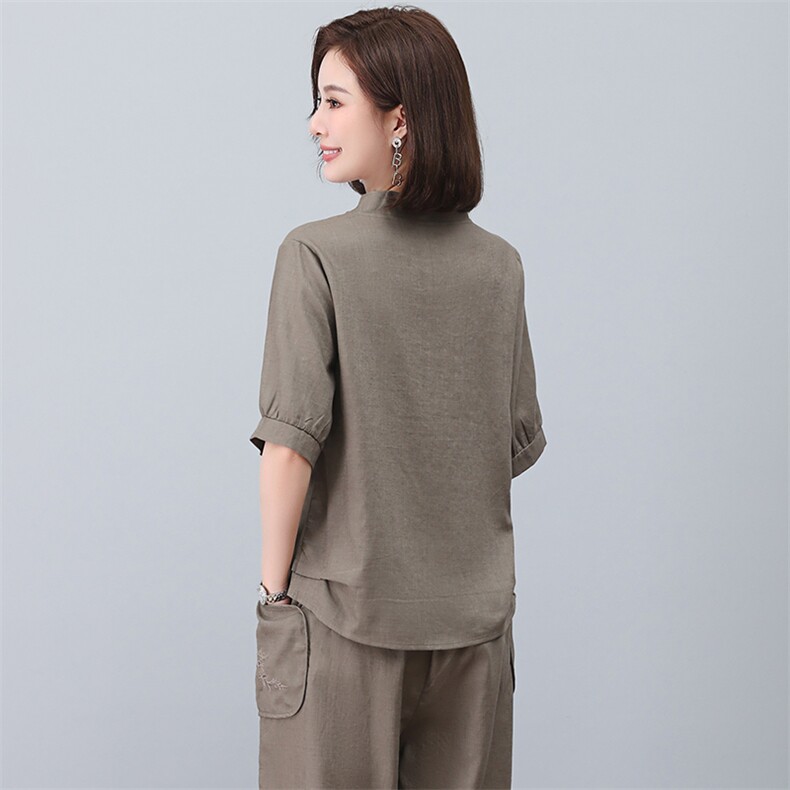 亚麻衬衫女短袖2023年新款夏季刺绣衬衣v领小衫妈妈气质苎麻上衣,女装T恤,忆绮罗