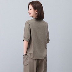 亚麻衬衫女短袖2023年新款夏季刺绣衬衣v领小衫妈妈气质苎麻上衣，女装T恤，忆绮罗