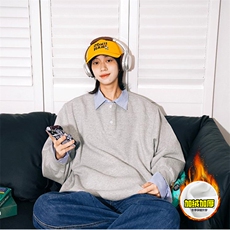 重磅加绒硬挺boxy男女美式高街假两件衬衫领长袖卫衣POLO领打底衫，男装T恤，电商A486