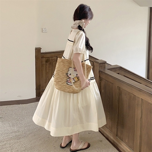 慵懒风休闲条纹拼接连衣裙女2025夏季新款韩系减龄度假木耳边长裙图片