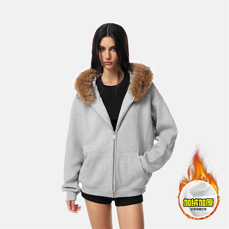 480G重磅加绒硬挺boxy秋冬美式高街超大毛领座山雕连帽卫衣厚外套，女装短外套，电商A486