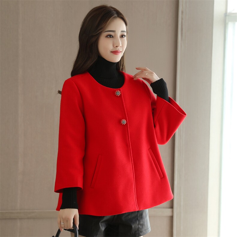 2025年冬季甜美九分袖仿羊绒纯色纽扣毛呢知外套，女装毛呢外套，深妍伊美