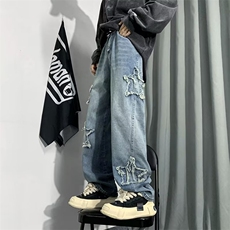 欧美高街vibe裤子男女毛边星星牛仔裤美式hiphop长裤潮N8217-P52，男装牛仔裤，星座1008