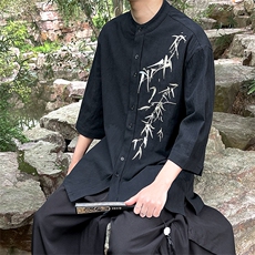 风24夏季新款大码男士竹叶肩膀刺绣中袖棉麻衬衫T29-P65-控78，男装衬衫，电商A021
