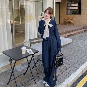 深蓝色法式气质蝴蝶结牛仔套装女2025秋季淡人短外套阔腿裤两件套图片