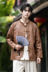 新中式潮PU皮手工擦皮工艺风立领大码宽松盘扣唐装外套JK203，男装民族服装，星座305A（原312A-1）