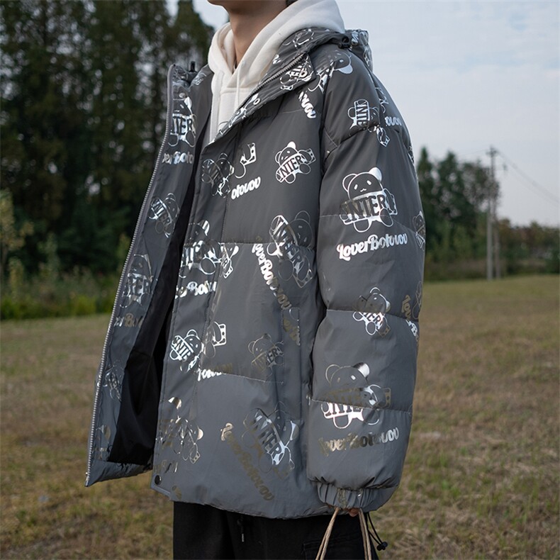 A615男士休闲连帽冬季小熊印花反光棉衣外套加厚保暖防寒棉服大码,男装棉衣,星座115A(原星座507）
