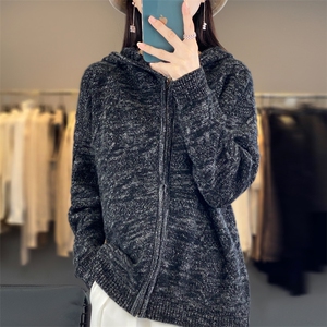 连帽拉链100%纯羊毛开衫女拼色针织帽衫毛衣宽松慵懒羊绒加厚外套图片