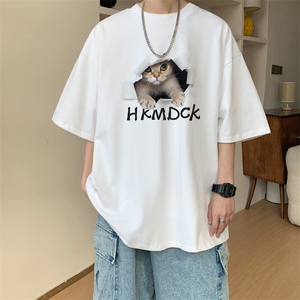 图案已注册夏季重磅创意小猫印花短袖T恤男潮半袖打底衫D002/P25图片