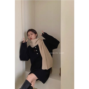 polo领毛衣裙女秋冬季新款韩系简约宽松显瘦翻领针织裙图片