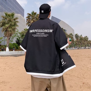 拼接工装衬衫男短袖潮牌痞帅宽松百搭衬衣夏季薄款半袖衣H301/P30图片