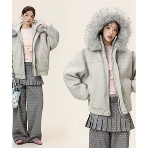 美式复古短款毛领连帽棉服夹棉加厚保暖毛呢情侣棉衣外套NL01P115图片