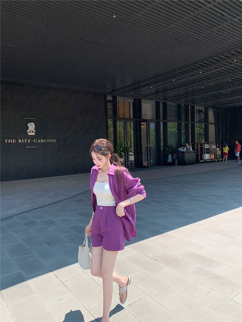 老钱风轻氧套装亚麻百搭衬衫+短裤套装,女装套装/套裙,湘姗