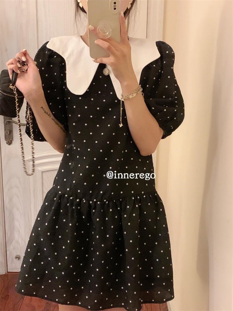 夏季新款翻领点点连衣裙，女装连衣裙，inner ego