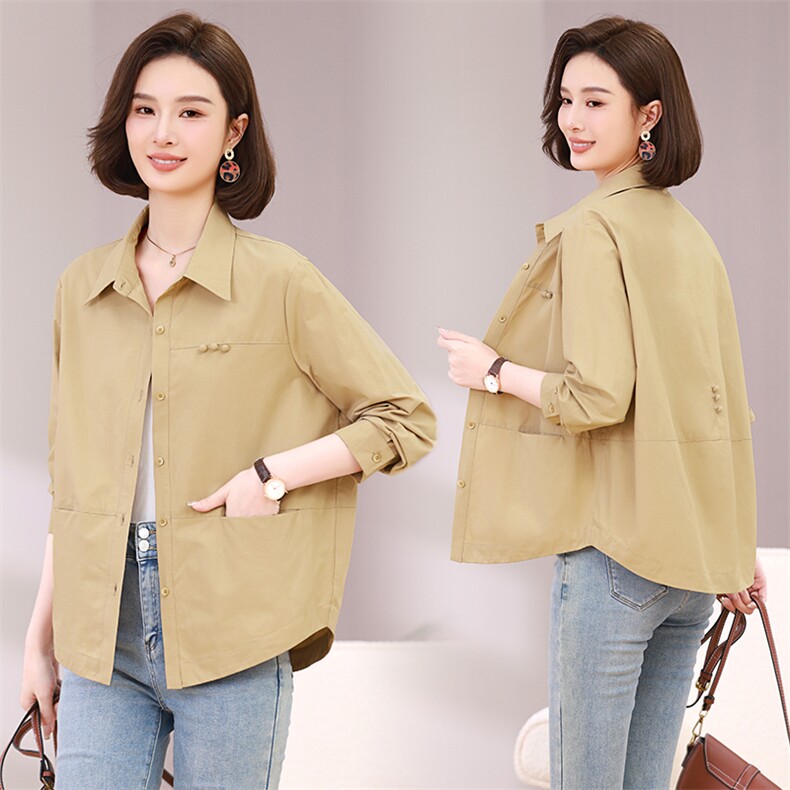 2025春秋长袖衬衫领时尚潮流简约气质女通勤开衫减龄百搭衬衣外套，女装衬衫，木橙西子