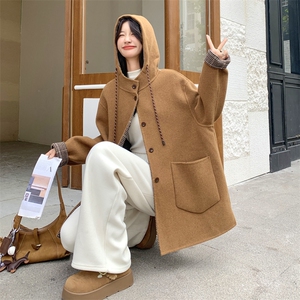 咖色格纹拼接双面呢大衣女2025年冬季新款韩系设计感加厚毛呢外套图片