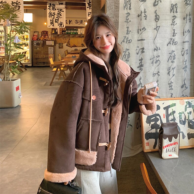 韩版加厚减龄连帽皮毛一体棉服女2025年冬季新款显瘦保暖加绒外套图片