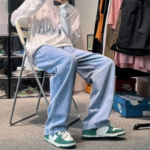 wassup happy烟灰色复古牛仔裤男春秋夏季美式高级感阔腿休闲裤子图片