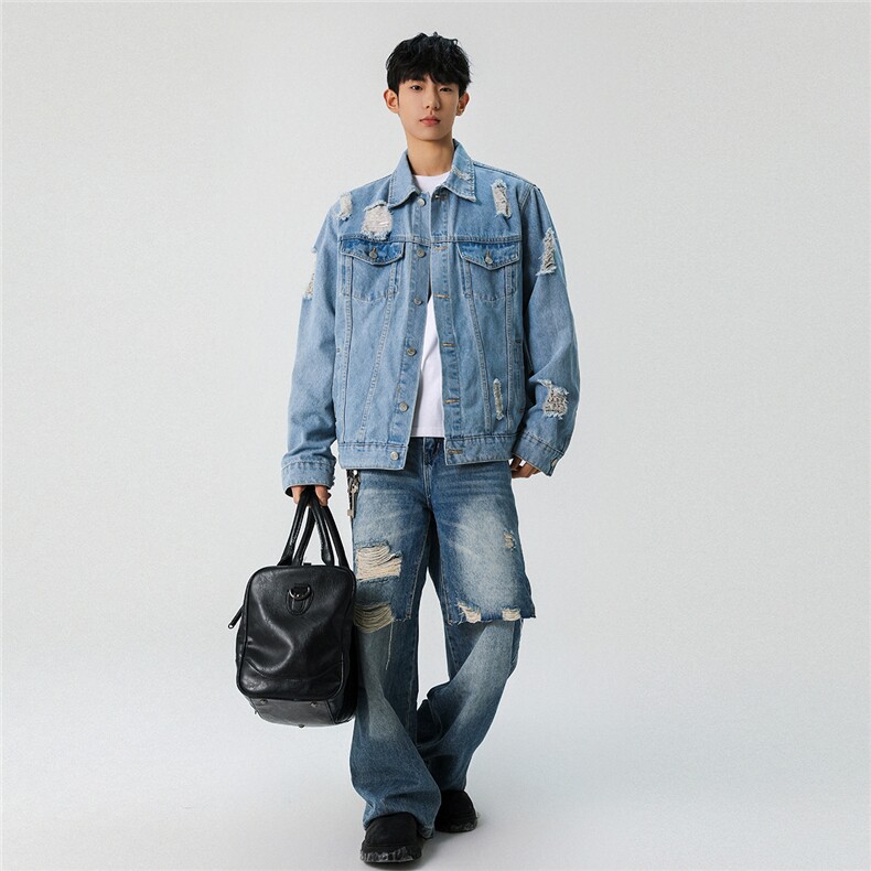 2025款破洞牛仔夹克宽松韩版工装潮流水洗外套N598/P78/118,男装工装外套,星座202