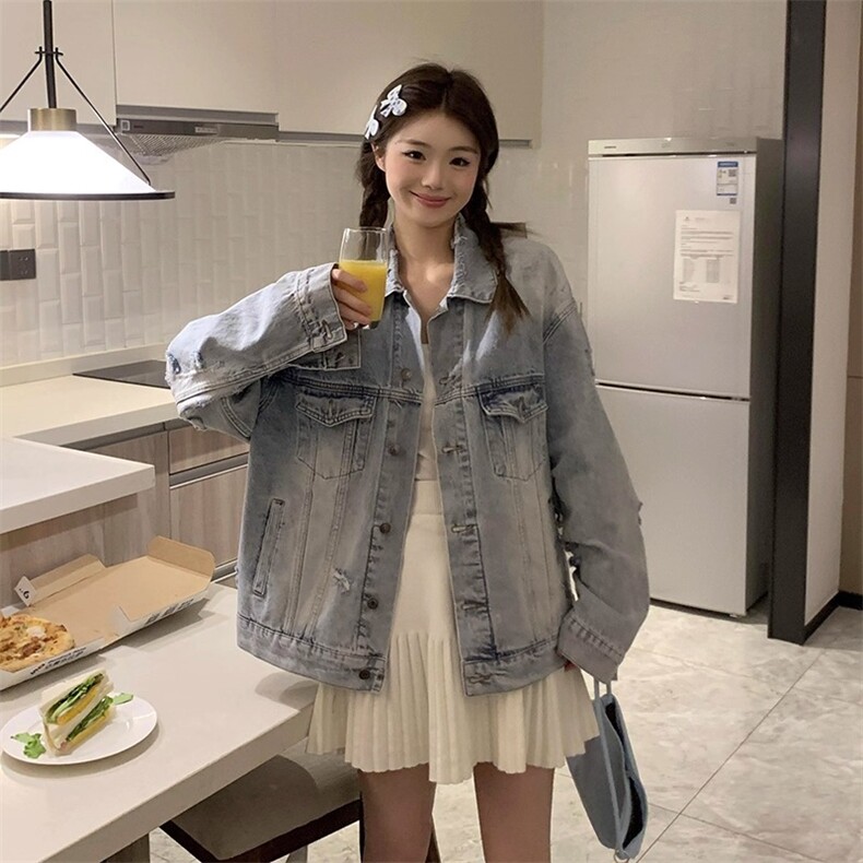 复古水洗美式休闲破洞牛仔做旧翻领夹克男女宽松百搭情侣牛仔外套,男装工装外套,星座506A