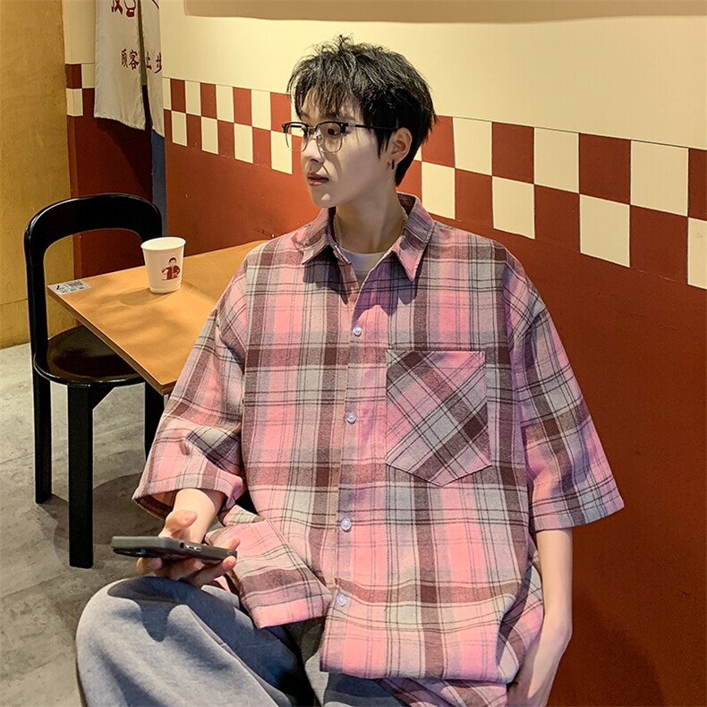 短袖衬衫男夏季新款磨毛格子衬衣DX716-特批26无差价,男装衬衫,星座214-3