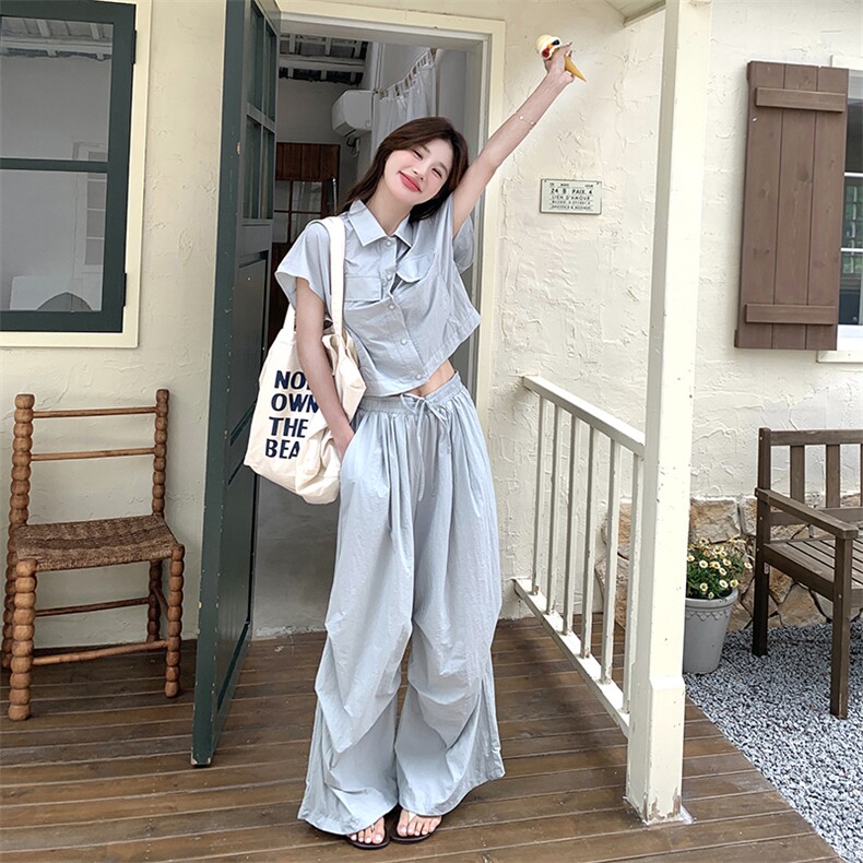 可盐可甜休闲套装女2025夏季新款韩系无袖衬衫阔腿裤小个子两件套图片