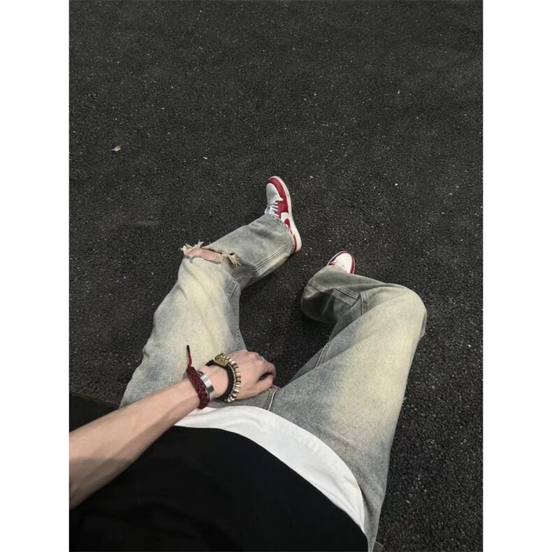 水洗泥黄破洞牛仔裤男直筒微喇cleanfit高街vibe裤子美式006P55,男装牛仔裤,电商D256A(原A064A)