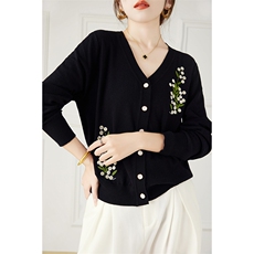 时尚潮流常规款2024年秋冬季新款V领绿绣花开衫，女装针织衫/毛衣，丽特绒