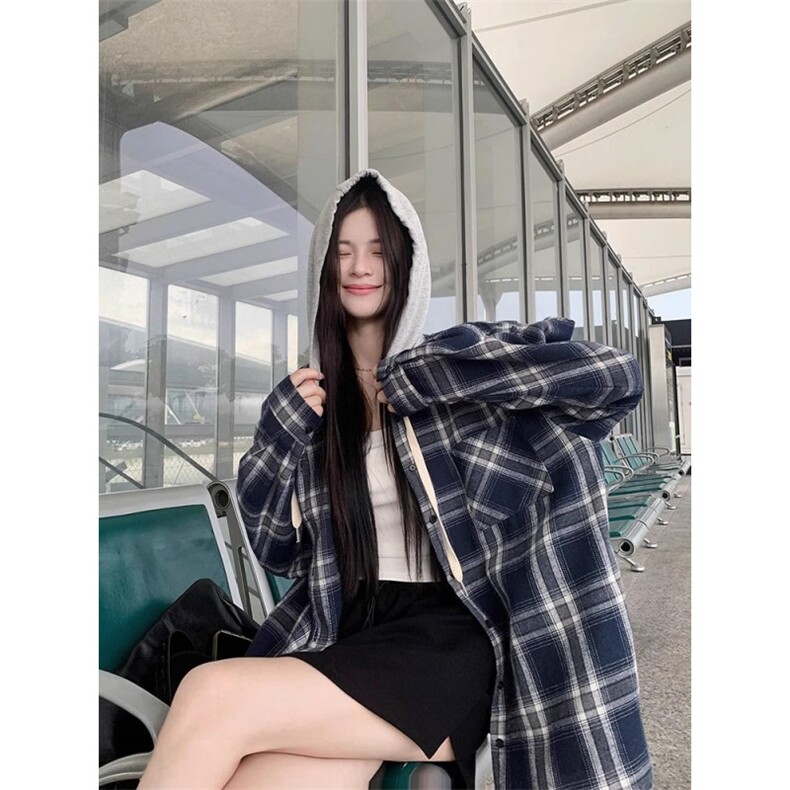 TC1395-P45复古连帽格子衬衫女新款早秋慵懒风小个子衬衣防晒外套图片