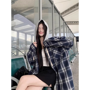 TC1395-P45复古连帽格子衬衫女新款早秋慵懒风小个子衬衣防晒外套图片