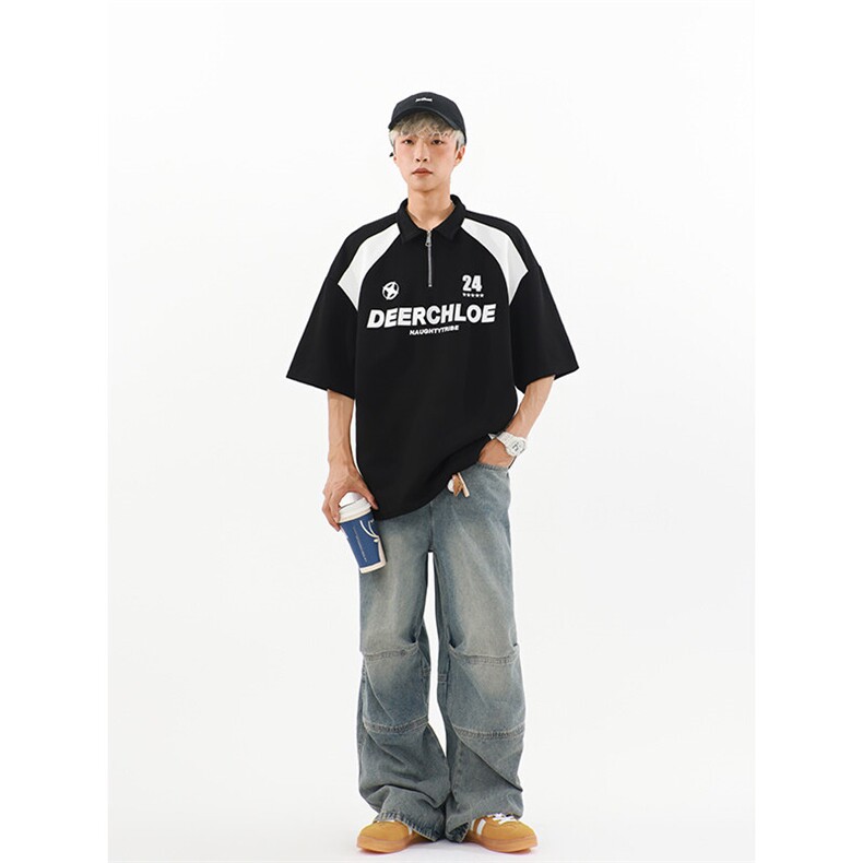 405A高街美式翻领半拉链设计感印花polo短袖T恤T2533-P45控68,男装T恤,星座405A